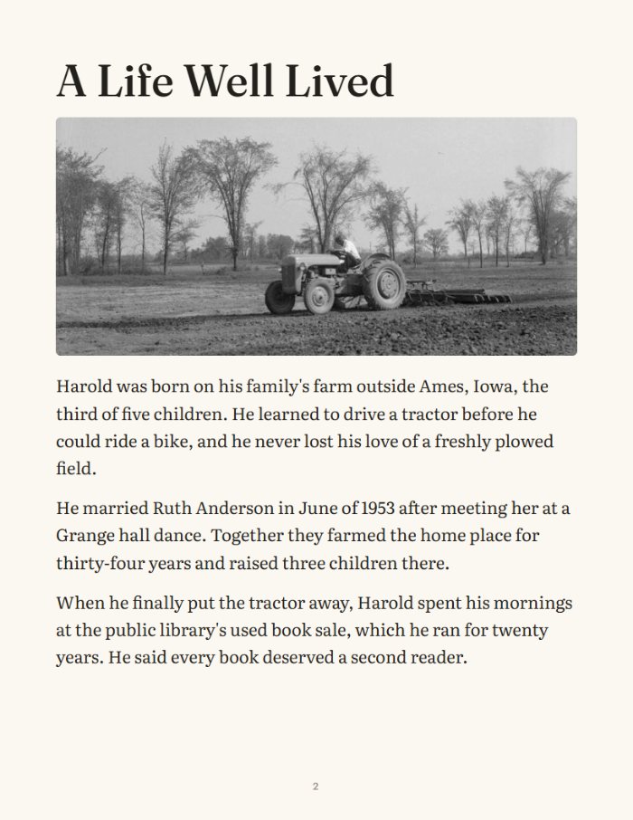 The life story page of a sample booklet