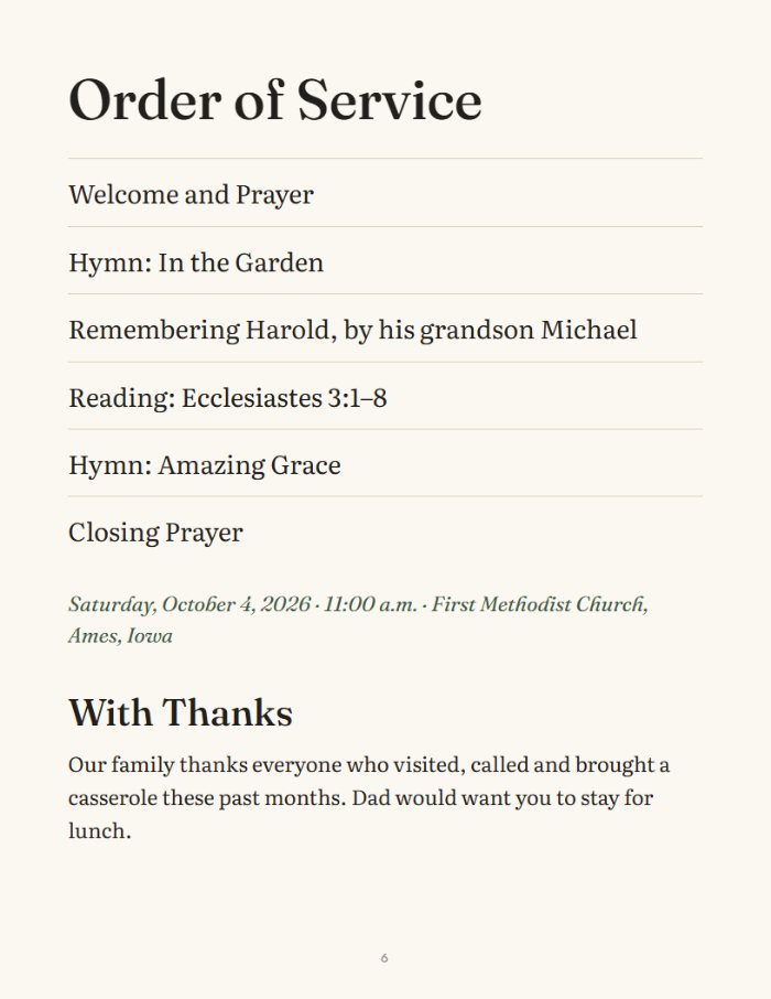 The order of service page